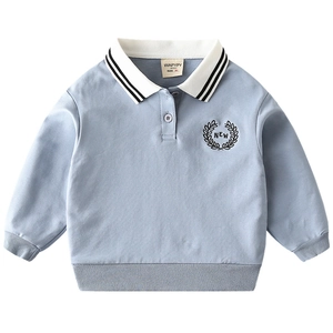 Light blue kids polo sweatshirt with embroidered logo and striped collar on white background