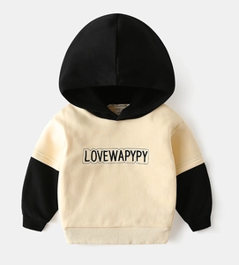 Detail of color-block hooded sweatshirt with rib-knit cuffs and embroidered lettering