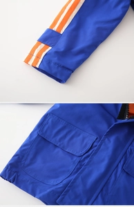 Detail of blue kids jacket showing striped ribbed cuffs and large functional pocket