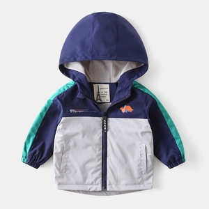 Boys Fleece Lined Hooded Windbreaker Jacket Color Block Dinosaur Pattern Warm Winter Coat For Kids Outerwear