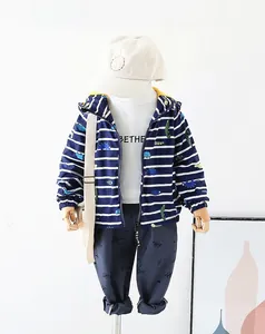 Close-up of children stripe windproof jacket with cartoon dinosaur and warm yellow lining