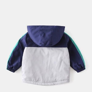 Kids hooded fleece jacket with blue and grey color blocking and green sleeve stripes