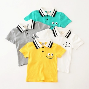 Boys short sleeve polo shirts in green grey white yellow with cartoon smile prints