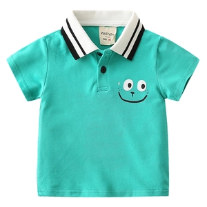 Boys stylish turquoise polo shirt with white striped collar and cute cartoon smiley face