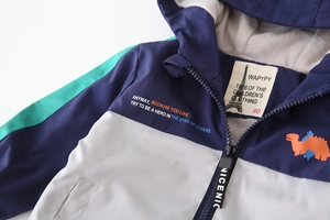 Detail of children's fleece hoodie showing dinosaur print and color-block zipper design