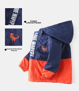 Detail eines winddichten Kinder-Hoodies mit Dinosaurier-Stickerei und Buchstabendruck