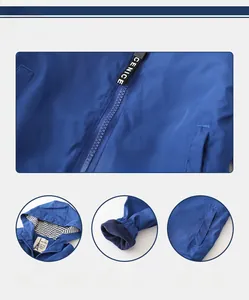 Detailed fabric texture and close-up views of hood, cuffs and pockets on blue kids jacket
