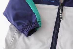 Detail of color-block jacket sleeve cuffs and zipper with engraved NICENIC text