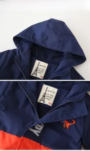 Detail eines Kinder-Hoodies mit Etikett Größe 90 und Dinosaurier-Stickerei auf Fleece