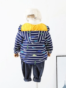 Detail view of boys' hooded jacket with cartoon dinosaur prints and stripe patterns