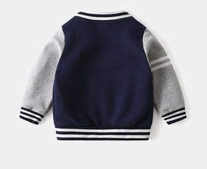 Flat lay back view of navy and grey kids baseball jacket with striped ribbed trims