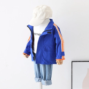 Blue boys windbreaker jacket with orange sleeve stripes and front pockets on mannequin