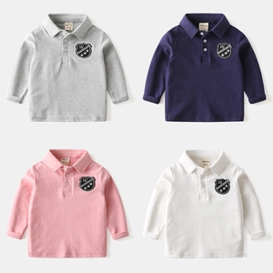 Polo a Maniche Lunghe da Ragazzo in Cotone Tessuto Spazzolato Stile Britannico Casual Top per Bambini Con Stemma Autunno