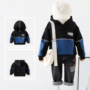 Sweat à Capuche Enfant Garçon Bloc de Couleur Épais Brossé Polaire Chaud Pullover Top Imprimé Lettres Surpiqûres Contrastées Vêtement Décontracté