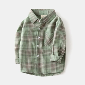 Toddler Boys Korean Style Plaid Long Sleeve Cotton Shirt Green Checkered Casual Button Down Top For School Daily Wear
