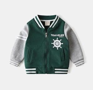 Detail of baby boys' baseball jacket collar with soft lining and size 90 label