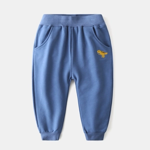 Light blue kids sports trousers with yellow dinosaur embroidery and elastic waist