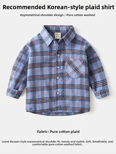 Detail of blue plaid cotton shirt with unique diagonal shoulder design and chest pocket