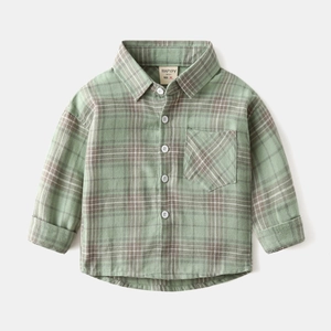 Classic green plaid long sleeve cotton shirt for boys with front pocket and buttons