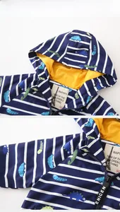 Detail of baby boy's hooded jacket with dinosaur print, stripes and yellow inner lining