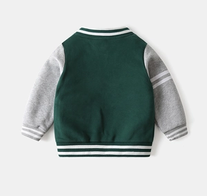 Back view of a boys' varsity jacket with green body, grey sleeves, and striped ribbing