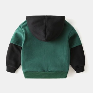 Boys hooded sweatshirt in dark green and black patchwork style, ribbed cuffs back view