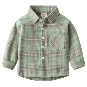 Classic green plaid long sleeve cotton shirt for toddler boys with front pocket and buttons