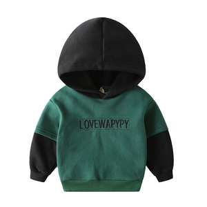 Boys hooded sweatshirt in dark green and black contrast with 3D letter embroidery