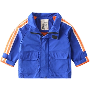 Navy blue boys windbreaker jacket with orange contrast sleeves and dual front pockets