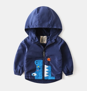 Close-up of navy blue toddler hoodie featuring a dinosaur embroidery and sturdy zipper