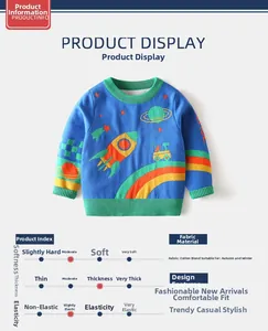 Close-up of blue knit sweater featuring space rocket patterns and green ribbed cuffs