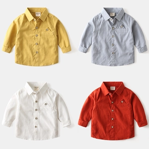 Boys Long Sleeve Cotton Shirt Casual Solid Color Kids Button Down Top With Pocket Square Collar Korean Style Autumn Clothing