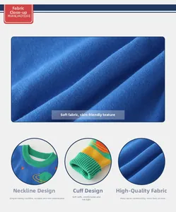Close-up of children's blue knit sweater featuring planet patterns and green ribbed collar