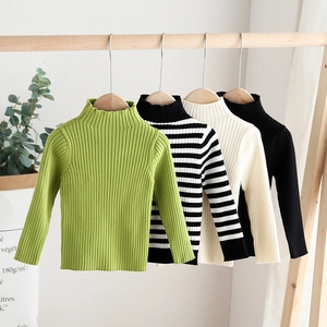Kids Turtleneck Cotton Blend Sweater Korean Style Boys Ribbed Knit Base Shirt Striped Solid Color Long Sleeve Pullover Autumn Winter Warm Top