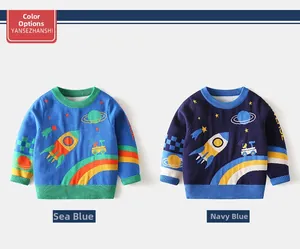 Detail of knit cuffs and vibrant space rocket embroidery on kids navy and sea blue sweaters