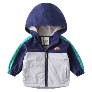 Kids hooded fleece jacket with navy and grey patchwork and cute dinosaur print