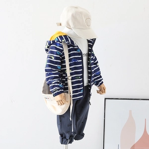 Boy's navy dinosaur hooded jacket set with white tee and space themed jogger pants