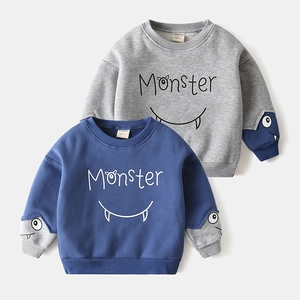 Boys Cartoon Monster Print Hoodie Soft Polyester Cotton Blend Fleece Lined Pullover Sweatshirt For Kids Autumn Winter