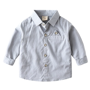Classic grey-blue cotton linen long sleeve shirt for boys with wooden buttons