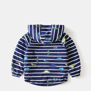 Toddler boys fleece lined hooded jacket with navy blue stripes and colorful dinosaur print