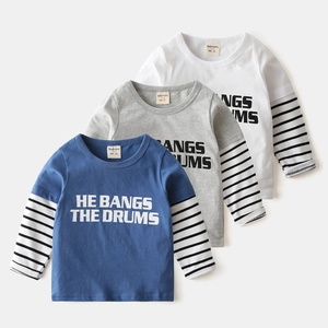 T-Shirt à Manches Longues en Coton Décontracté pour Garçons Faux Deux Pièces Manche Rayée Imprimé Lettres Col Rond Haut Enfants