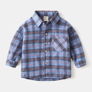 Toddler boys casual long sleeve plaid shirt in blue cotton with front pocket and buttons