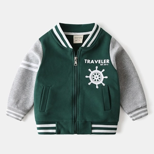Toddler boys baseball jacket in dark green and grey with traveler printed design