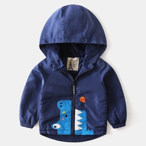 Navy blue hooded windbreaker for boys featuring a cartoon dinosaur embroidery design