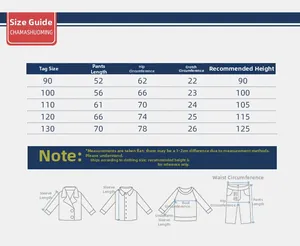 Detailed size chart for kids winter joggers showing length and hip measurements for sizes 90-130