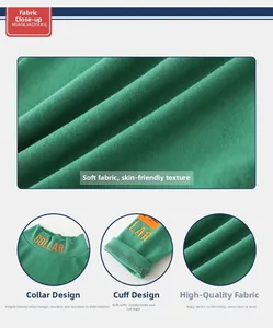 Detail of green knit cotton boy's turtleneck with COLLAR text and ribbed cuffs