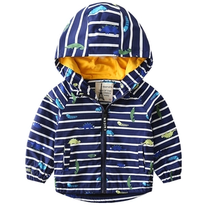 Thick navy striped toddler hooded jacket featuring colorful cartoon dinosaur prints