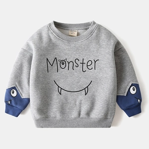 Grey cartoon monster hoodie for boys with blue patchwork sleeves and warm cotton fabric