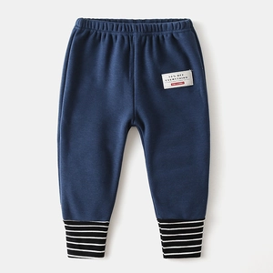 Kids warm thickened navy knit pants with elastic waist and striped ribbed leg cuffs