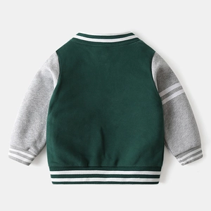 Back view of boys' thick cotton baseball jacket in dark green and grey colorblock style